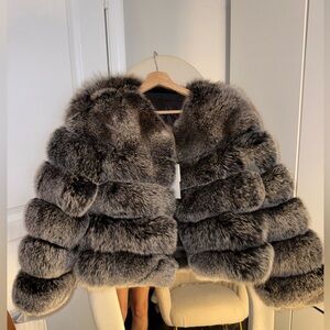 Women's Luxurious BLACK FROSTING real fox natural Fur Jacket size XS /small